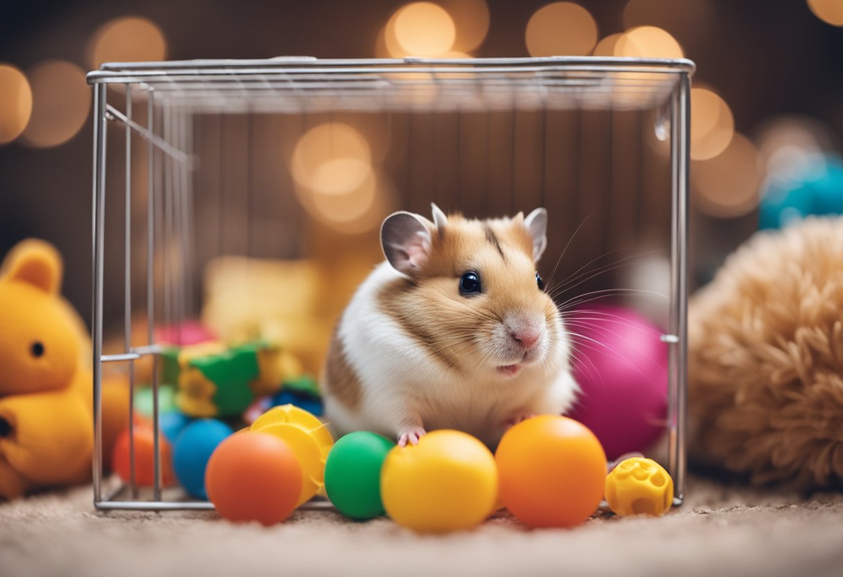 A hamster sits in a cozy cage, surrounded by toys and bedding. It emits soft squeaks and chirps, its body relaxed and content