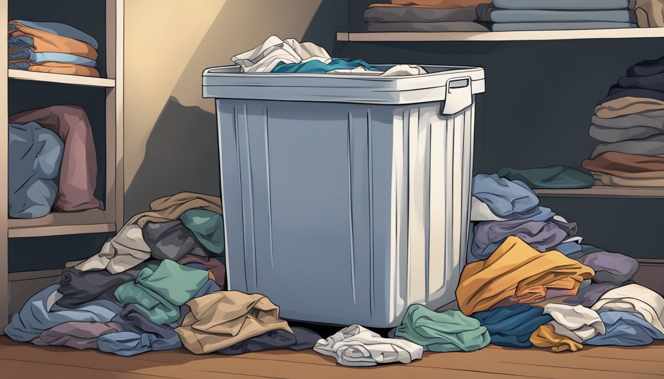 A laundry hamper sits in a dimly lit corner, overflowing with clothes spilling out of its open top. A single sock dangles from the edge, while a pile of crumpled shirts and pants lay at its base