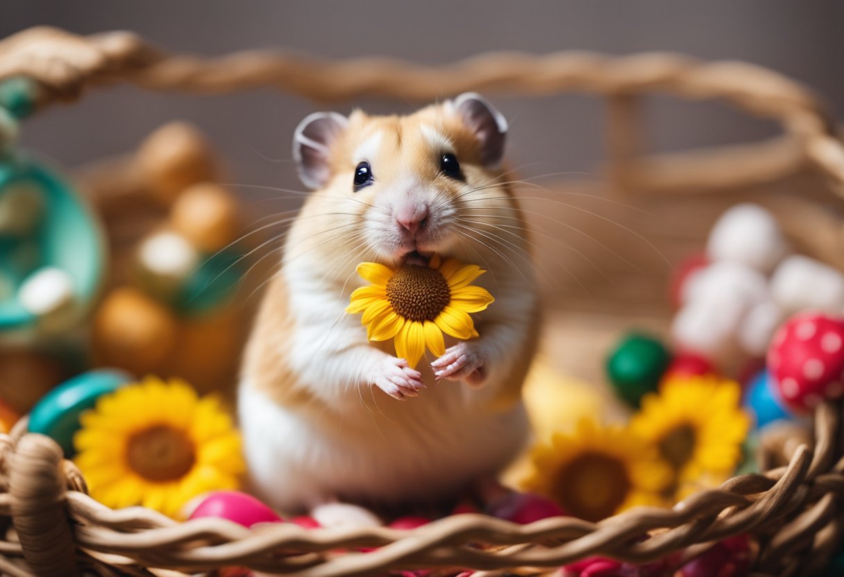 A hamster sits in a cozy cage, surrounded by toys and treats. Its tiny paws hold a sunflower seed, and its cheeks are puffed out in contentment