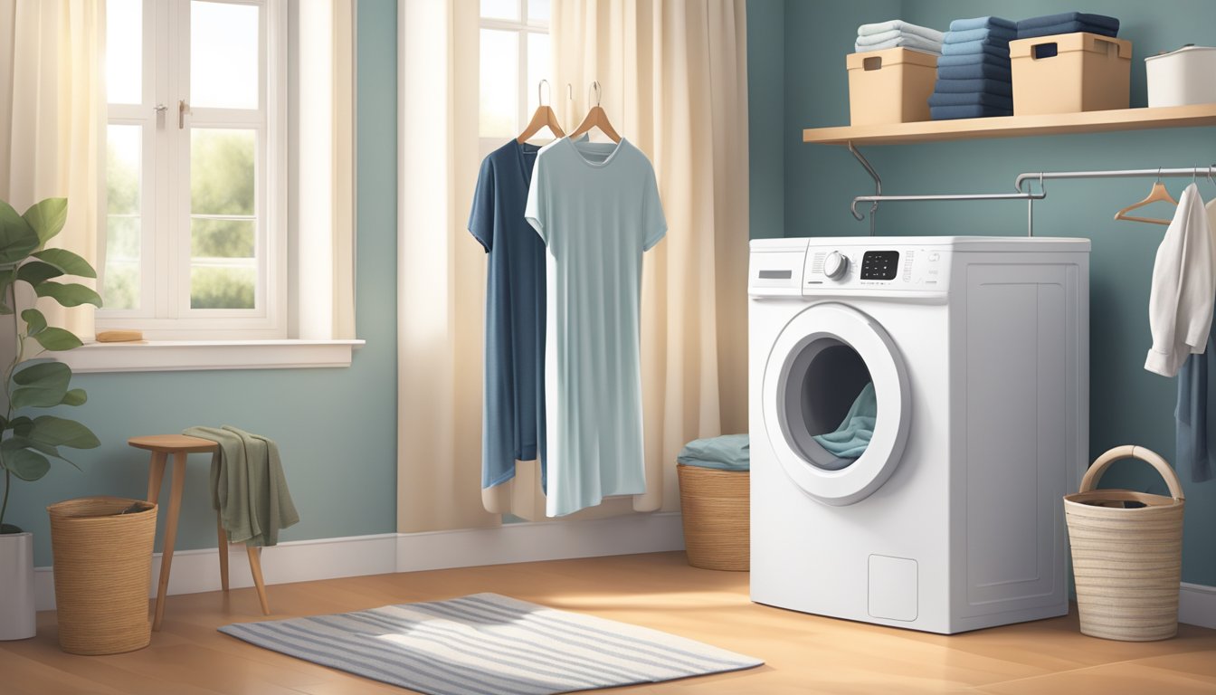 A hand reaches for a sleek, modern laundry hamper in a well-lit room, surrounded by neatly folded clothes and a tidy space