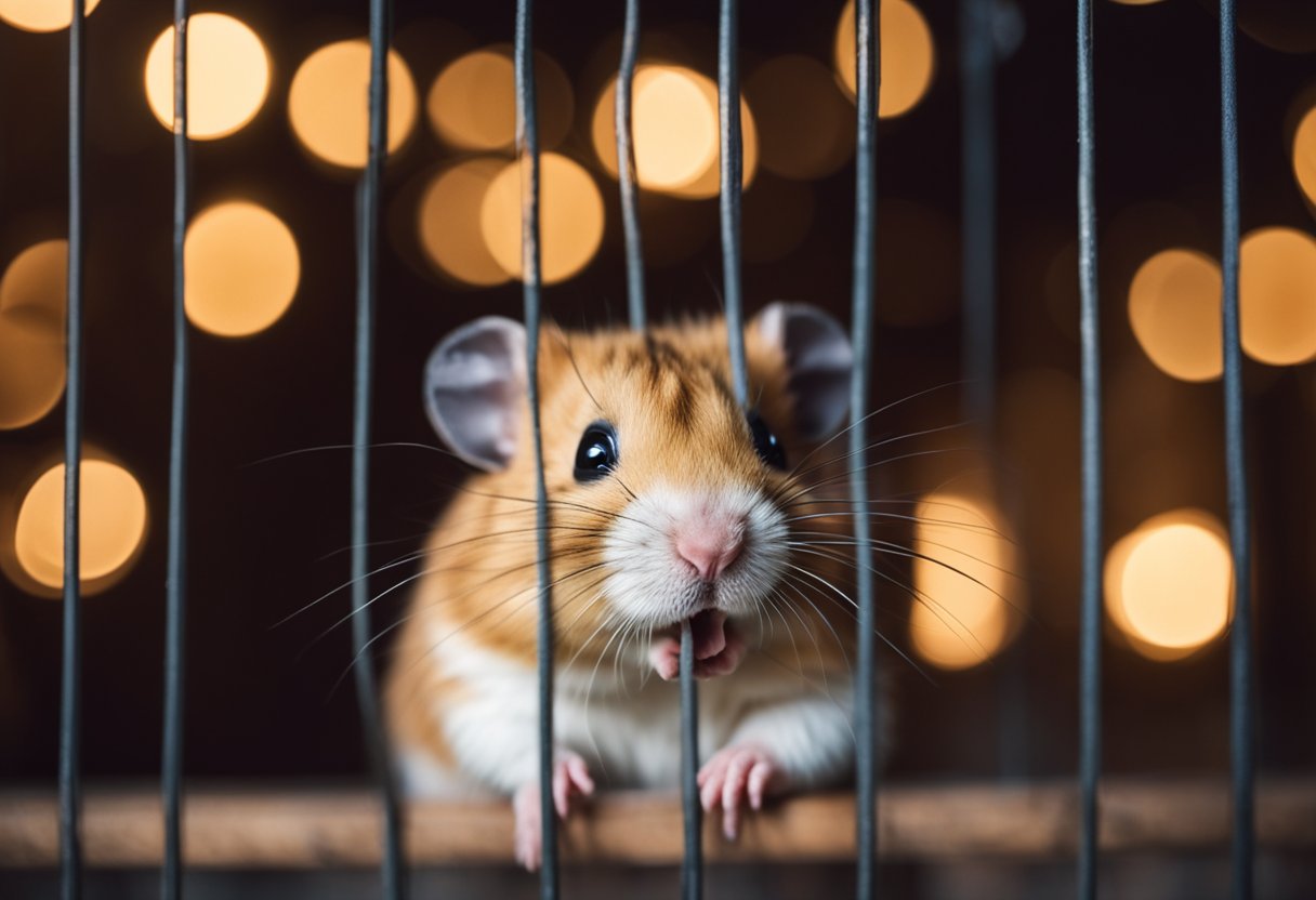 A smiling hamster with closed eyes emits soft, high-pitched chirping sounds, while standing on its hind legs in a cozy cage