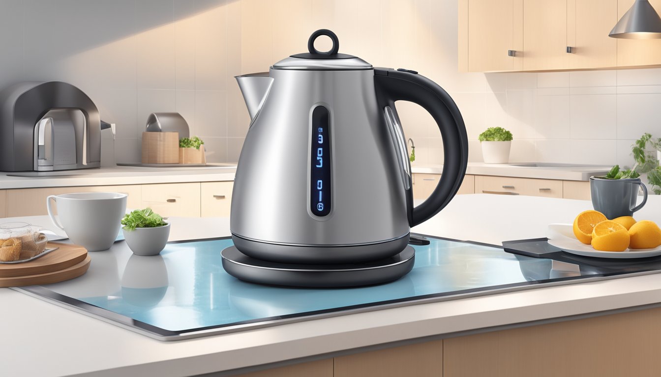 A hand reaches for a sleek electric kettle on a modern kitchen counter, steam rising from the spout as water boils inside. A digital display shows the temperature setting, while the kettle's ergonomic handle and stylish design exude sophistication