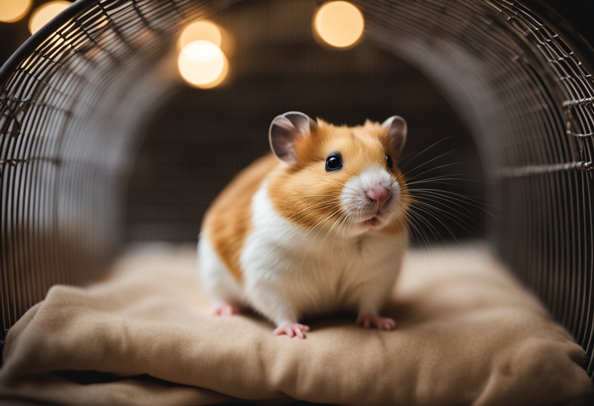 A hamster is nestled in a cozy, dimly lit cage with soft bedding and a small hideaway. A gentle, soothing melody plays in the background, creating a peaceful atmosphere