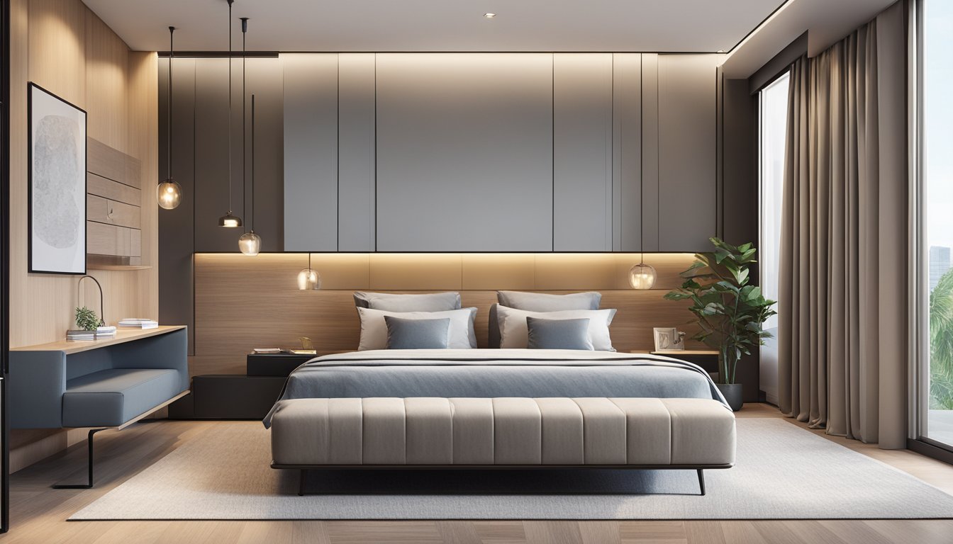 A modern bedroom in Singapore with a sleek platform bed, minimalist nightstands, and a stylish wardrobe. The room is bathed in natural light from large windows, and the decor is simple and elegant