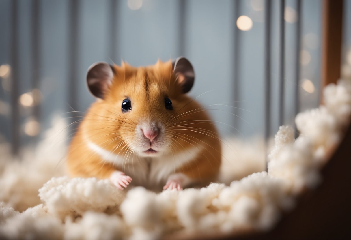 A hamster sitting in a cozy, dimly lit corner of its cage, with soft bedding and a small hideaway, surrounded by quiet and soothing sounds