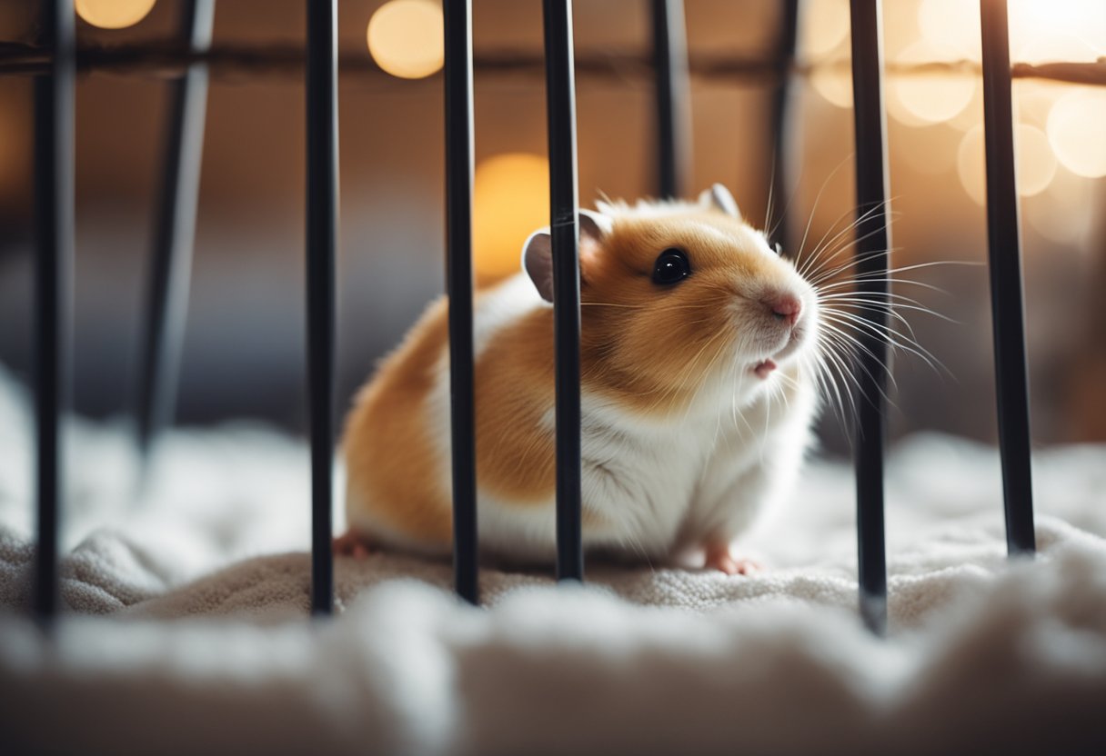 A hamster sits in a cozy cage with a calming environment - soft bedding, a quiet space, and gentle, soothing music playing in the background