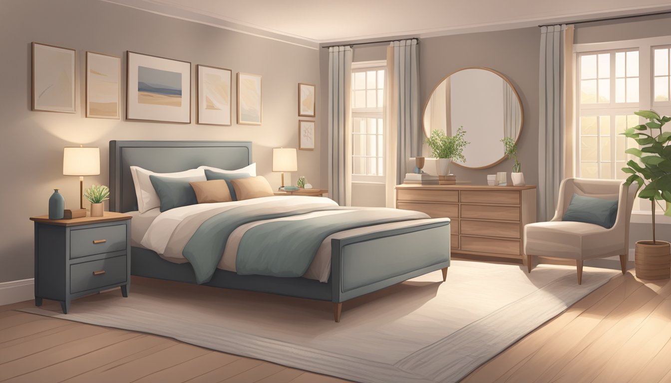 A cozy bedroom with a bed, nightstand, dresser, and wardrobe. Soft lighting and a neutral color scheme create a calming atmosphere