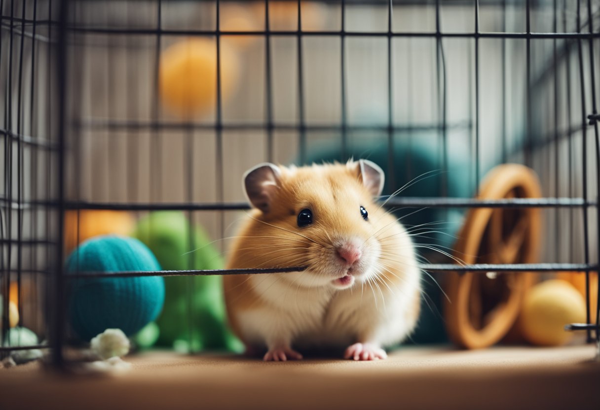 A hamster sits in a cozy cage with a wheel and chew toys. A gentle hand offers a treat, while soothing music plays in the background