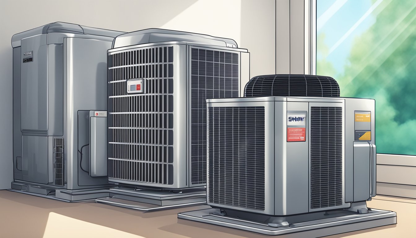 A shiny central air conditioner compressor sits on a clean, well-lit display shelf, surrounded by other HVAC equipment