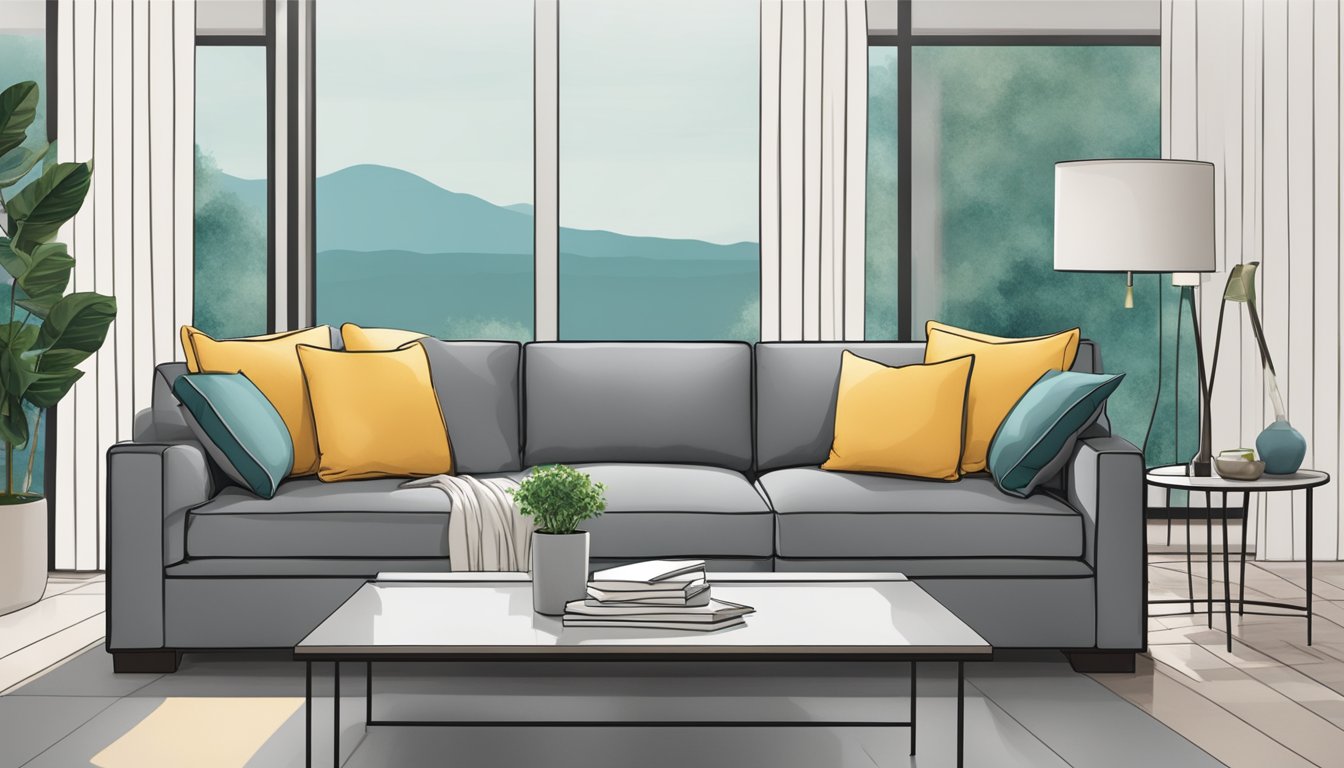 A modern sofa with sleek lines and plush cushions, inviting comfort and relaxation