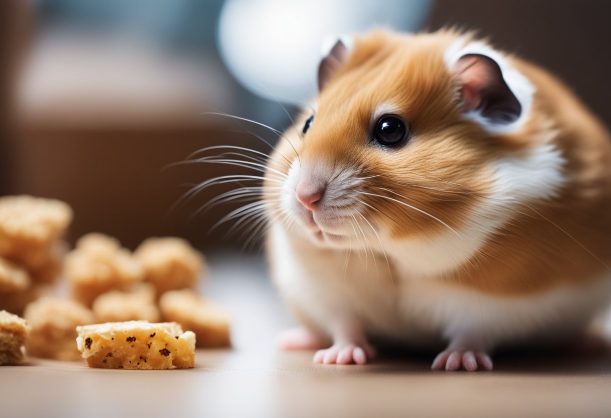 A hamster huddled in a cozy corner, with a gentle hand offering a treat and soothing words