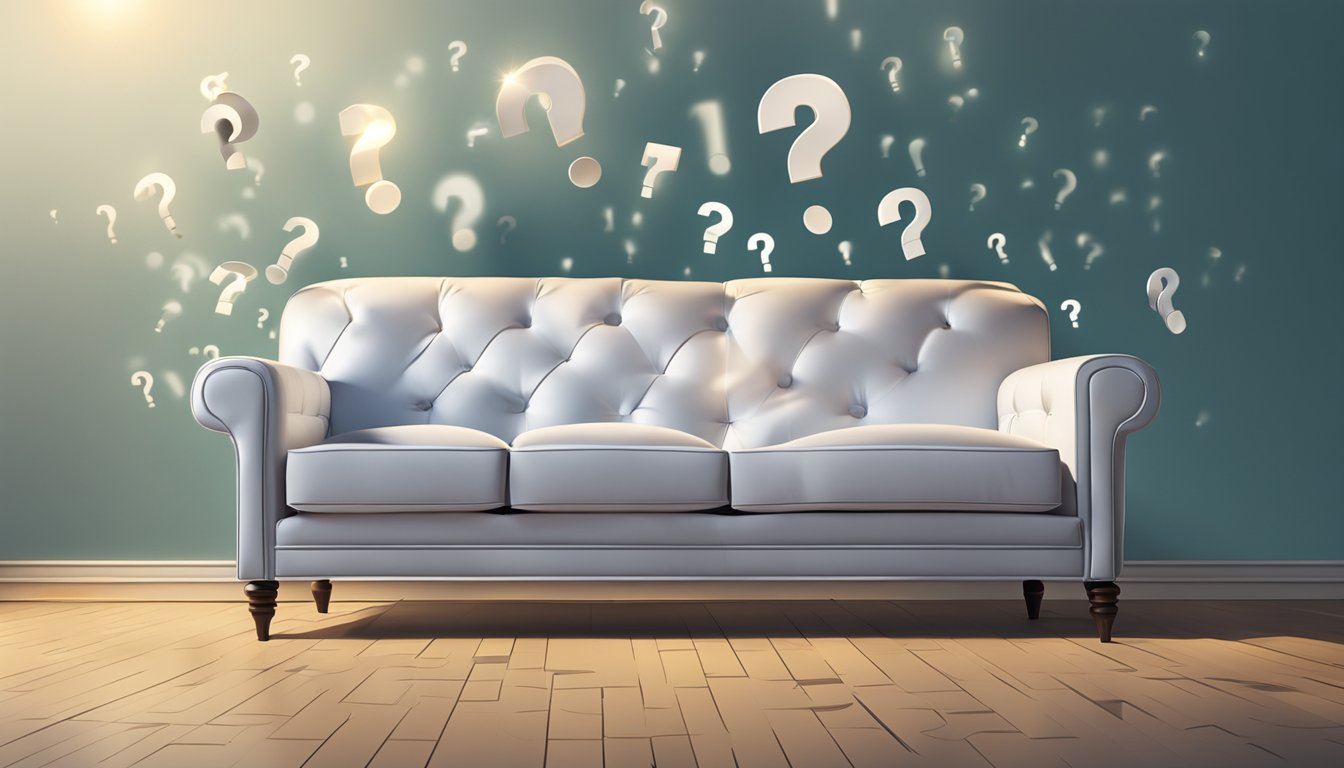 A modern sofa surrounded by floating question marks, with a spotlight shining down on it