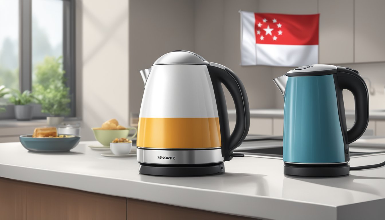 A modern electric kettle sitting on a kitchen countertop with a Singaporean flag in the background