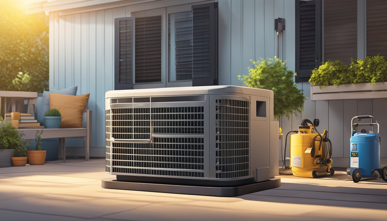 A central air conditioner compressor sits on a platform for sale, surrounded by various tools and equipment. The sun shines down on the unit, casting shadows on the ground