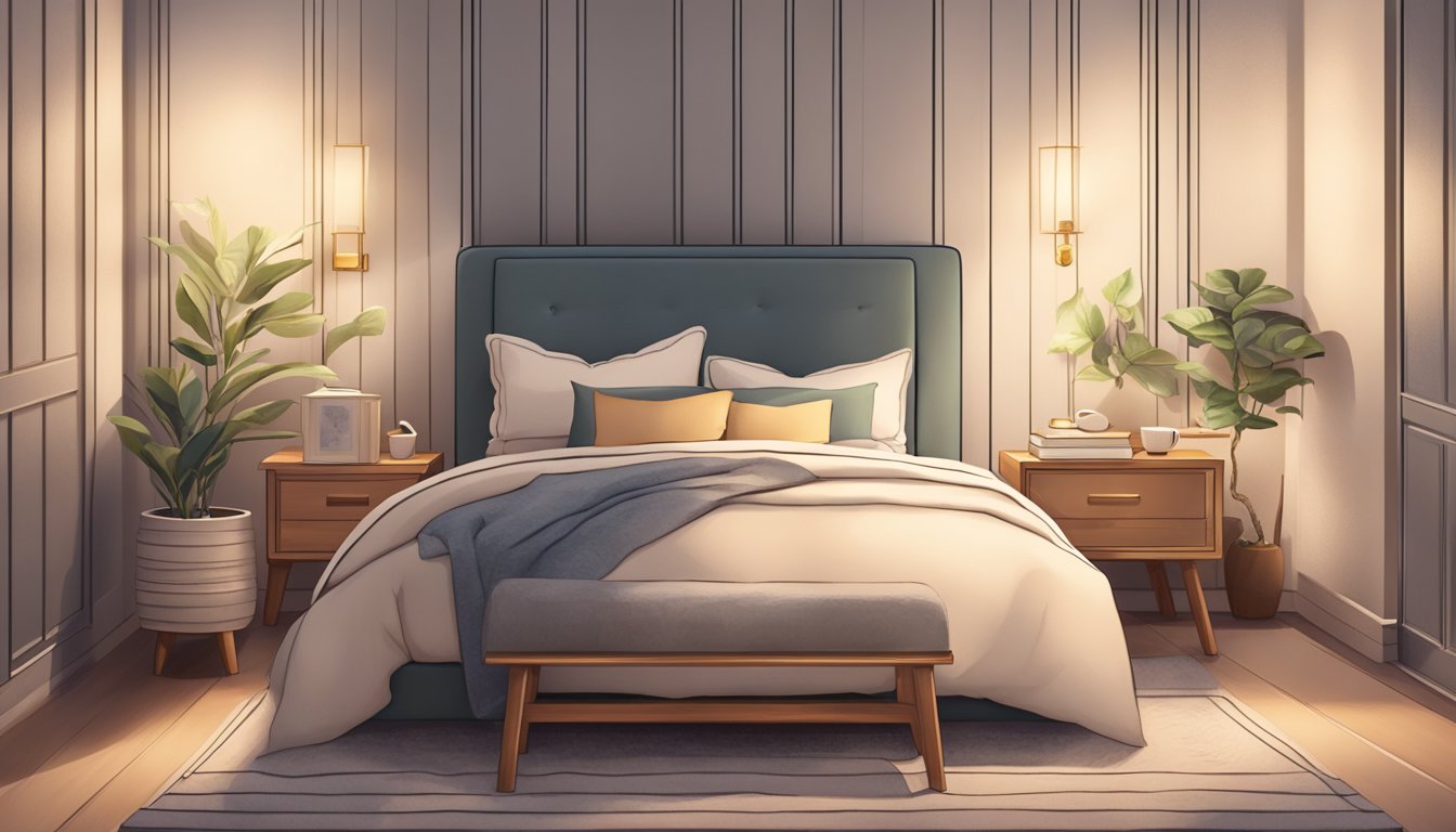 A cozy bedroom with stylish furniture, soft lighting, and plush bedding. A nightstand holds a book and a warm cup of tea, creating a serene and inviting sleep sanctuary