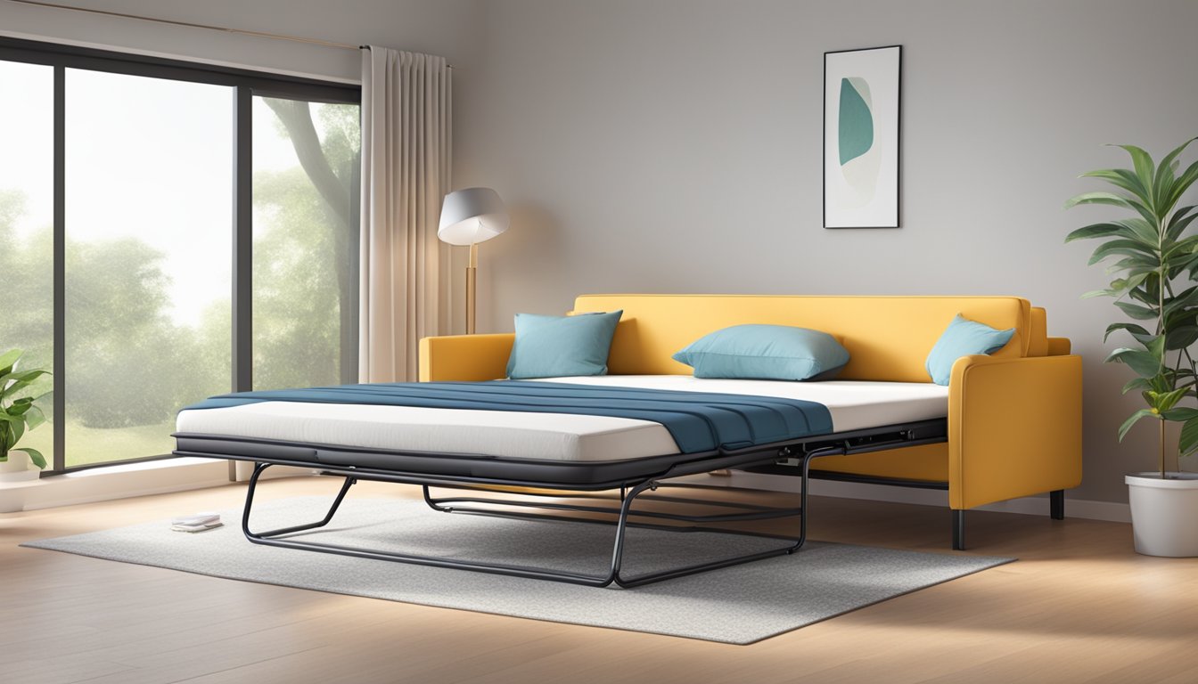 A sofa bed unfolds into a cozy sleeping space. The cushions are removed, and the frame extends to reveal a comfortable mattress
