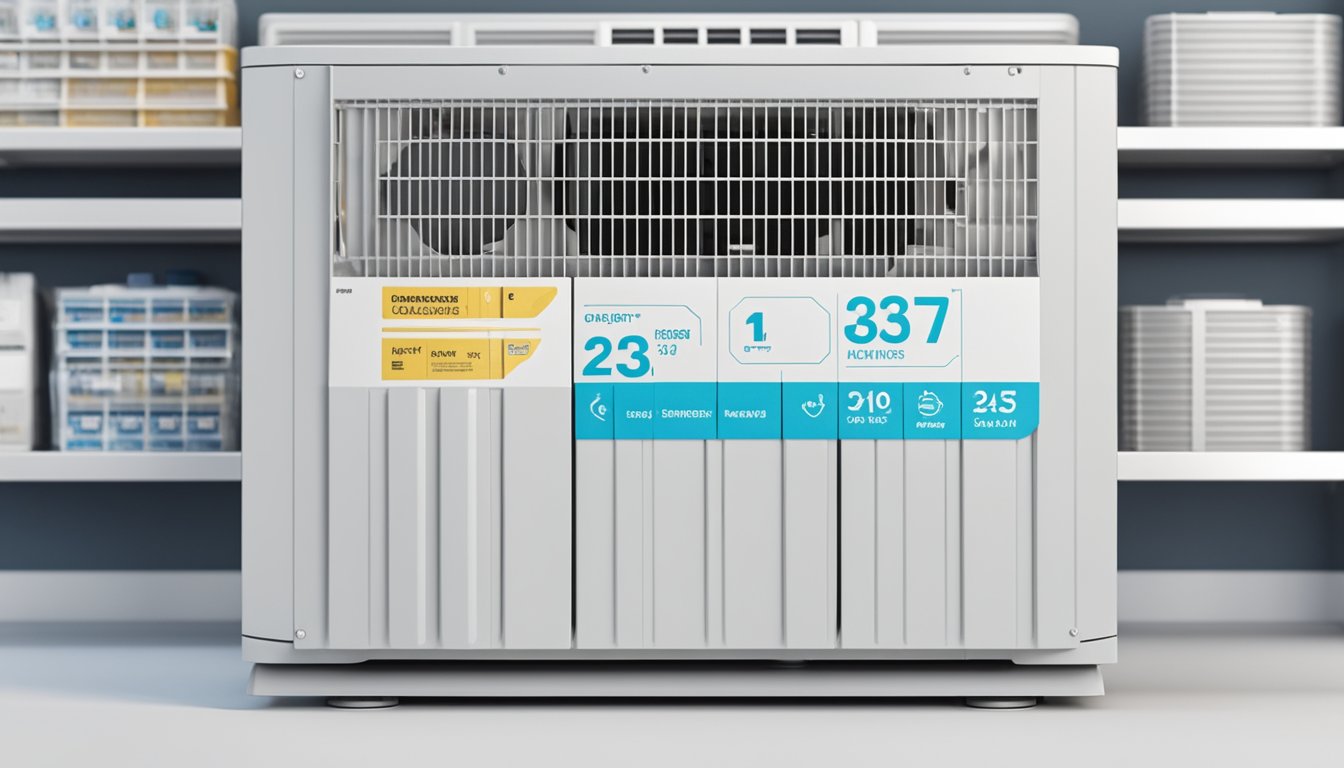 A central air conditioner compressor sits on a clean, well-lit display shelf, surrounded by neatly organized product information and pricing labels