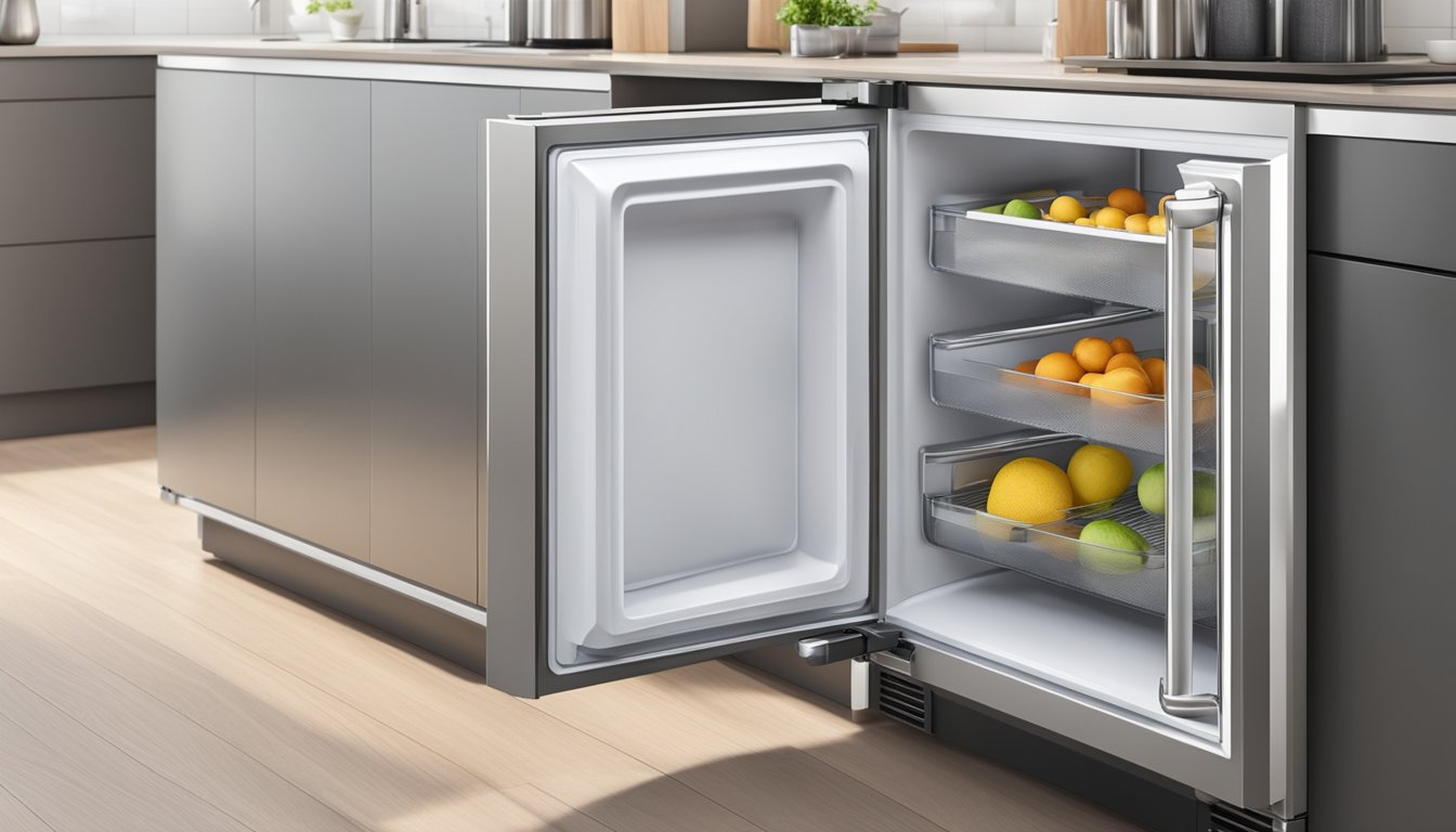 A small upright freezer stands in a modern kitchen, sleek and compact, with a stainless steel finish and a clear digital display