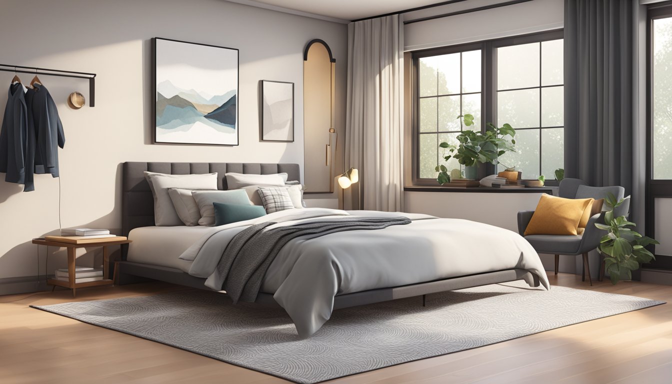 A cozy bedroom with a modern bed, sleek nightstands, and a stylish wardrobe. A large window lets in natural light, and a plush rug adds warmth to the room