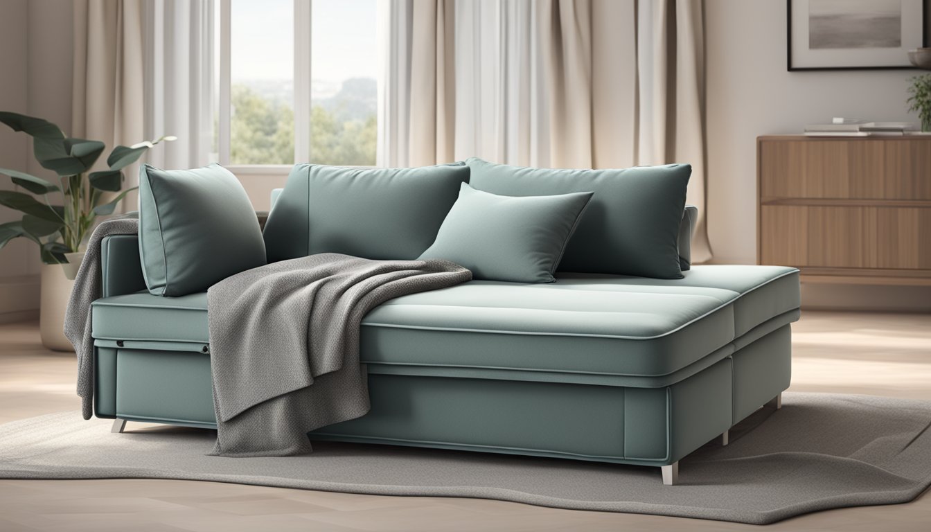 A modern sofa bed with adjustable backrest and hidden storage, surrounded by cozy throw pillows and a soft blanket