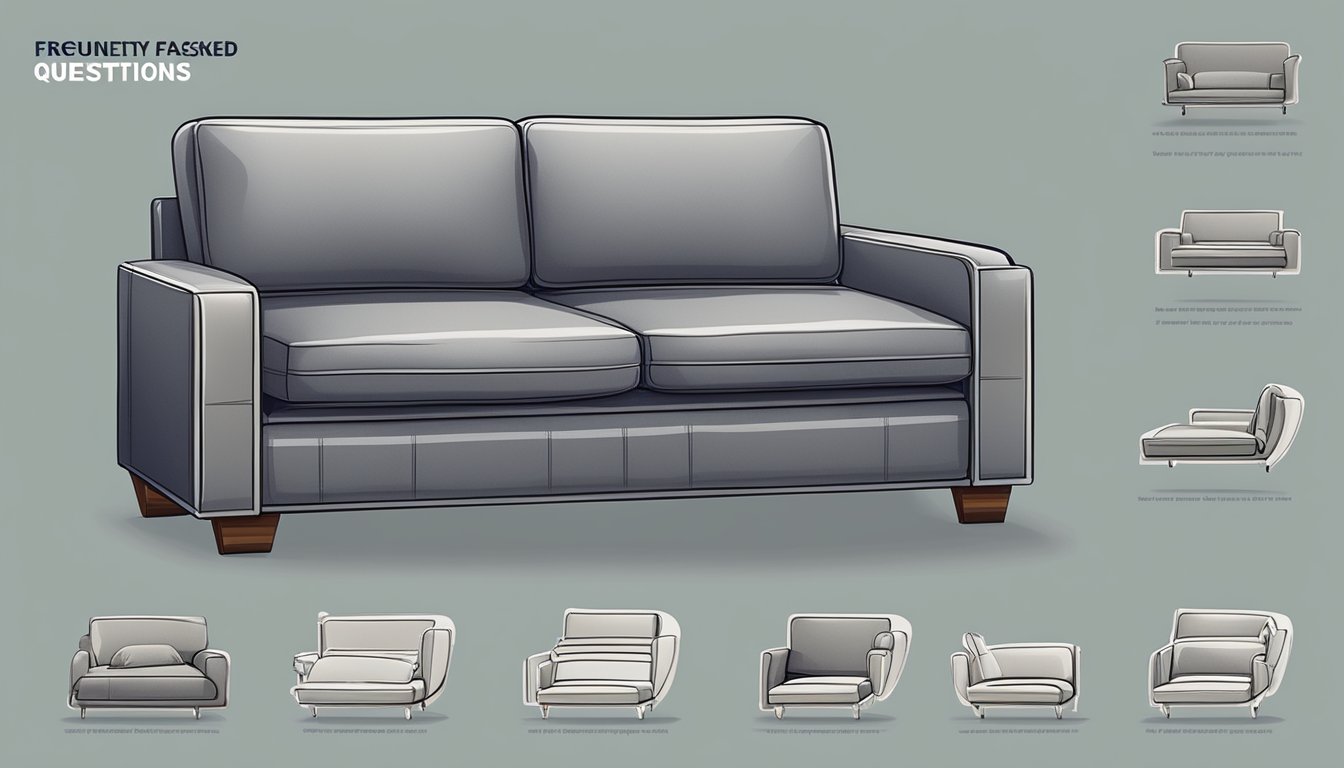 A sofa bed with a "Frequently Asked Questions" label on the armrest
