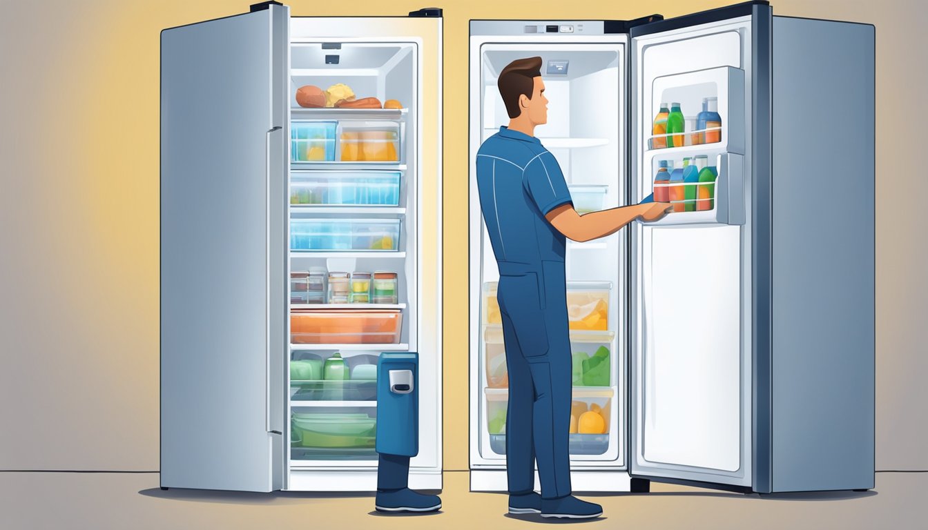 A technician installs a small upright freezer, then performs routine maintenance