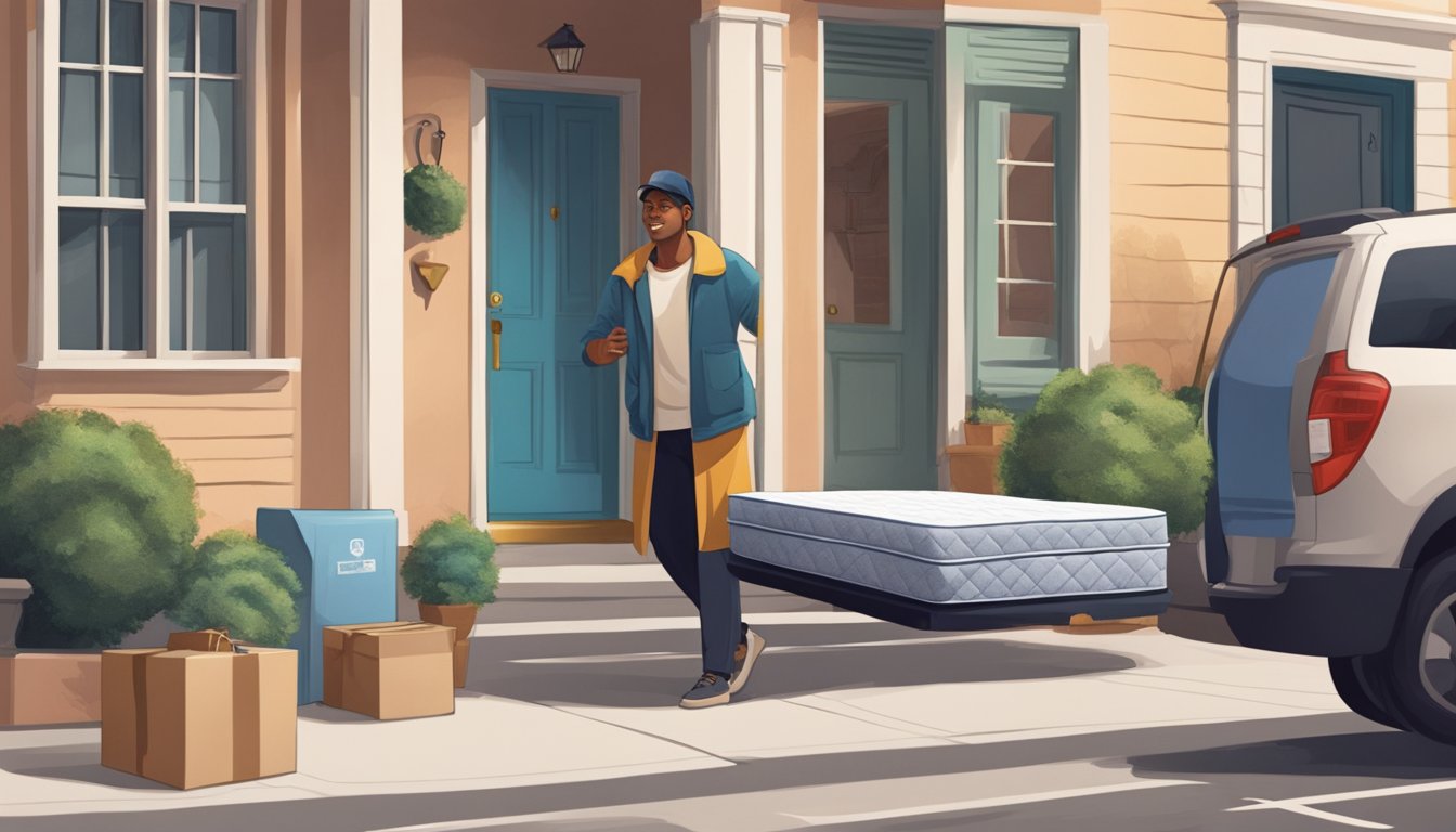 A delivery person effortlessly drops off a mattress at a customer's doorstep, while the customer browses through a seamless online shopping experience