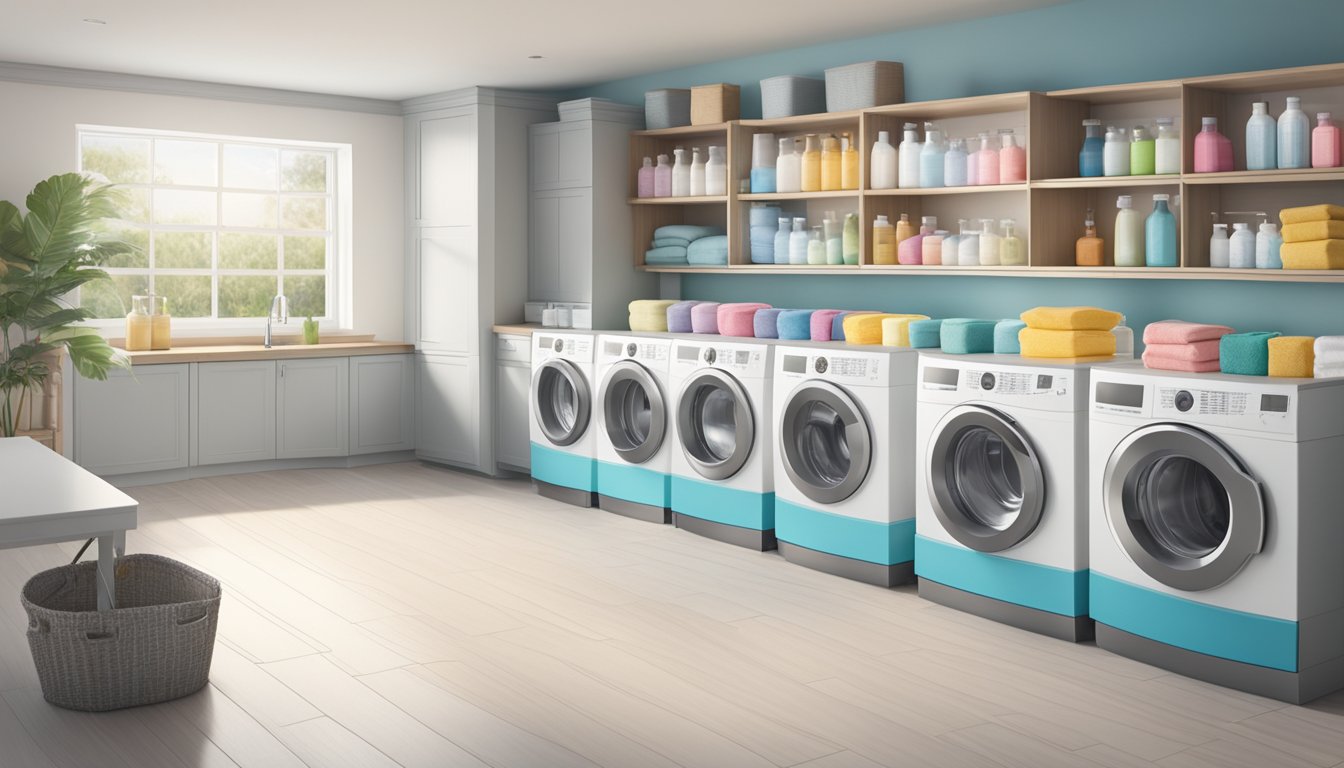 A row of top load washers hums in a bright, clean laundry room. Detergent boxes and fabric softener bottles sit on a shelf above the machines
