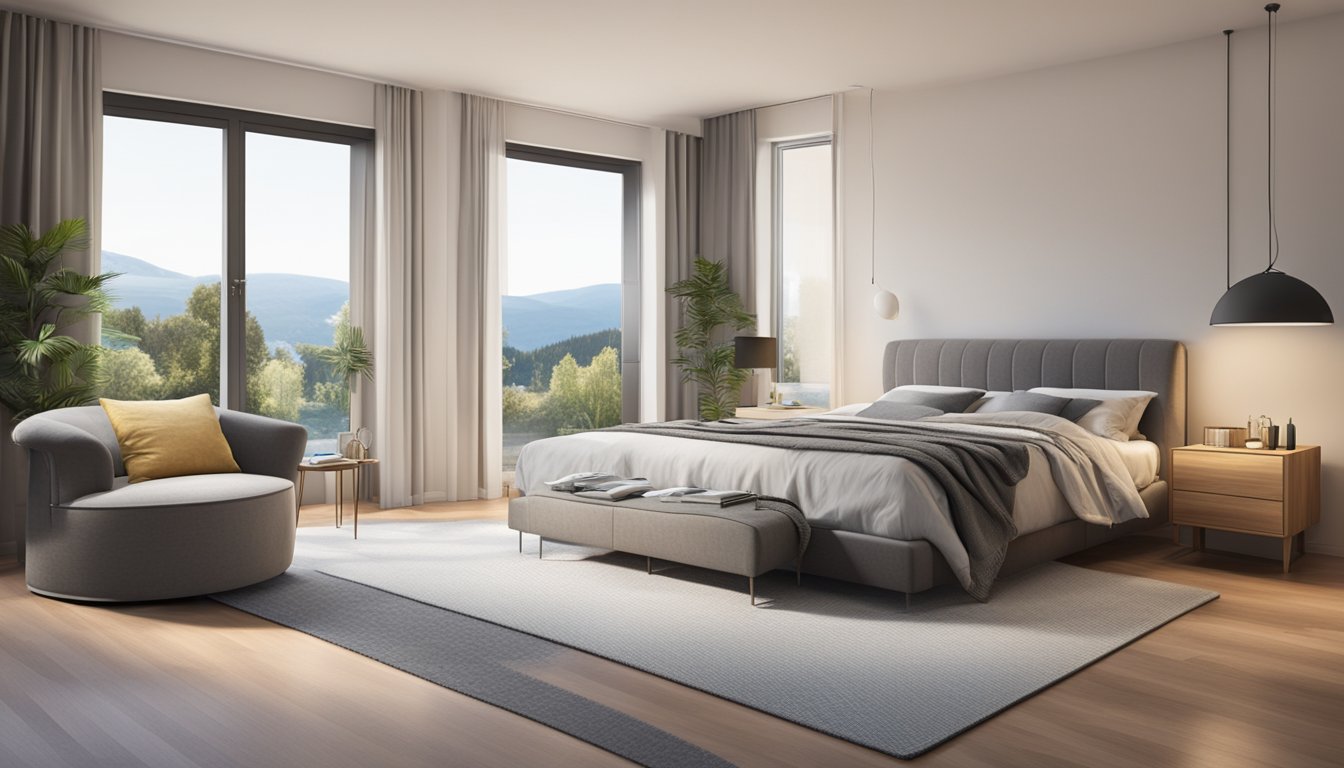 A spacious bedroom with a king size mattress (183cm x 203cm) as the focal point, surrounded by nightstands and a cozy atmosphere