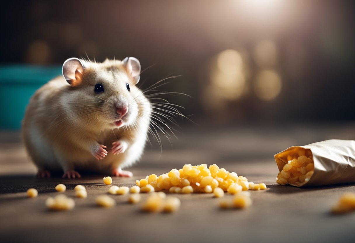 A hamster sits by a spilled bag of food, looking sick