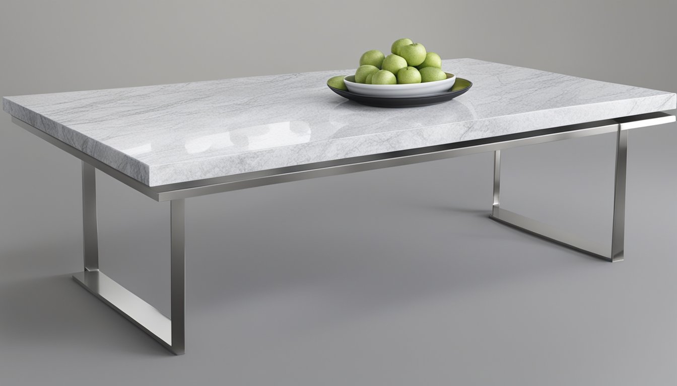 A sleek granite table top reflects light, showcasing its elegant veining and smooth surface