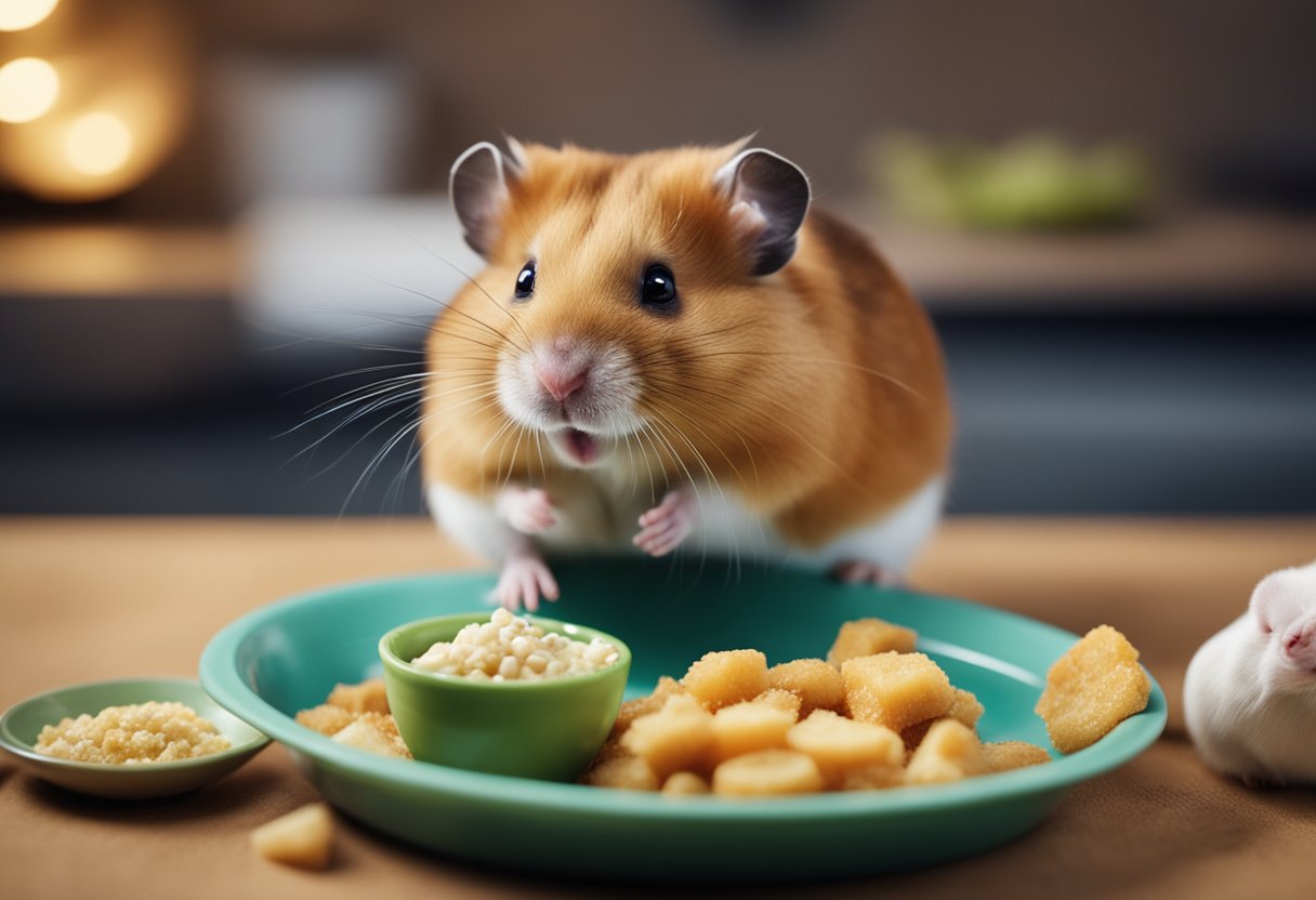 A hamster sits next to a bowl of spoiled food, looking sick and lethargic. The food is moldy and emitting a foul odor