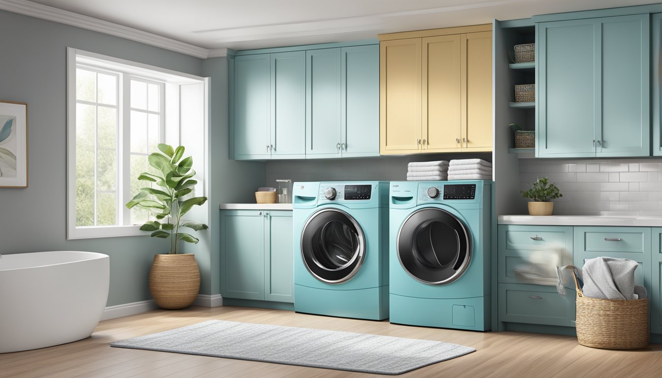 A top load washer sits in a bright, modern laundry room. The machine is sleek and shiny, with a digital display and a variety of washing cycle options