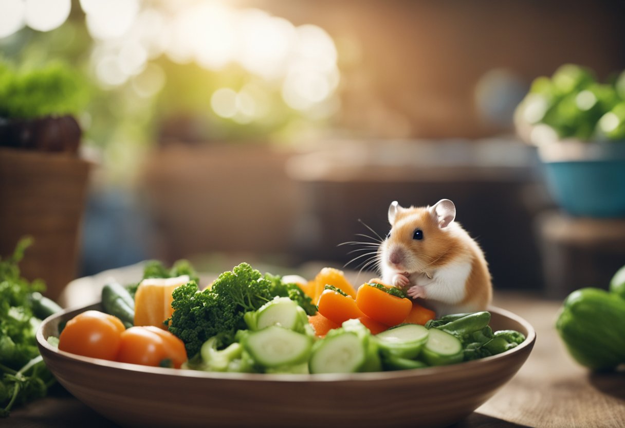 A hamster sits next to a bowl of fresh vegetables, while a hand removes a bag of old, moldy food from its cage