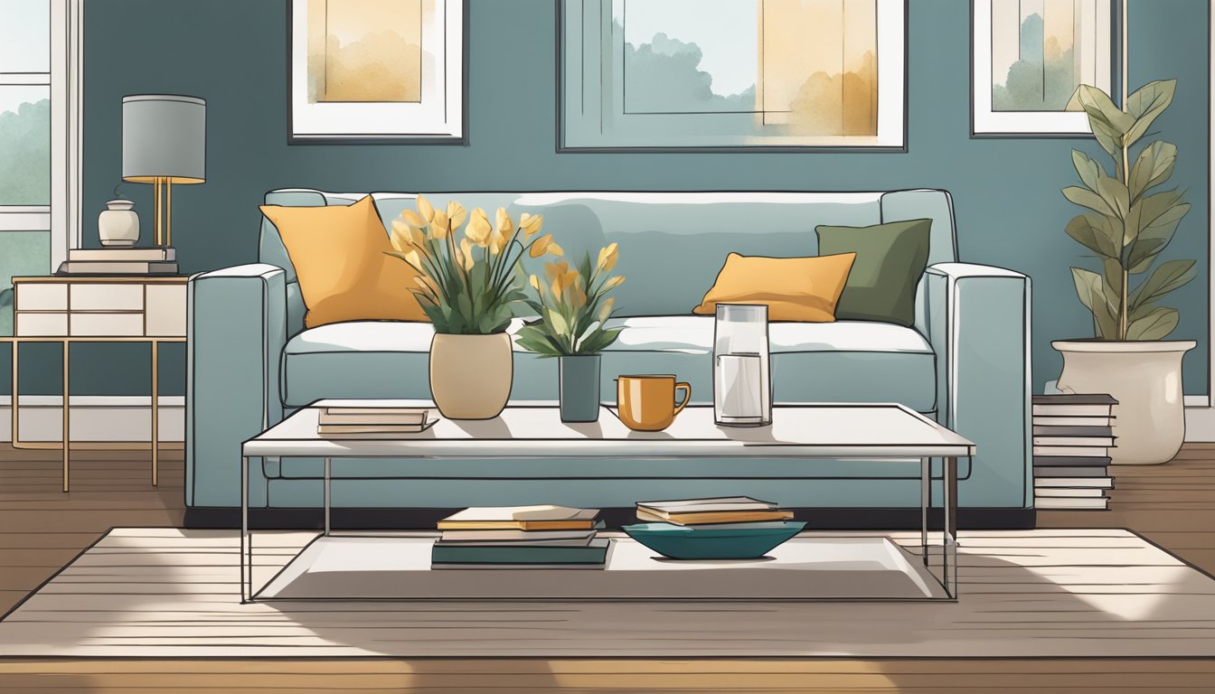 A cozy living room with a sleek glass coffee table as the focal point, surrounded by a modern sofa and a plush rug. The table is adorned with a stack of books, a decorative vase, and a steaming cup of coffee