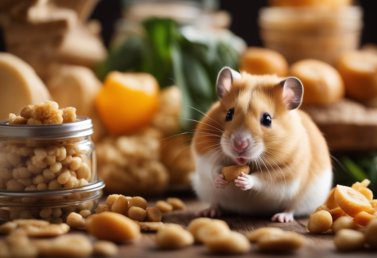 A hamster sits near a pile of various food items, its nose twitching as it sniffs each one cautiously. The hamster seems to be contemplating whether or not the food is safe to eat
