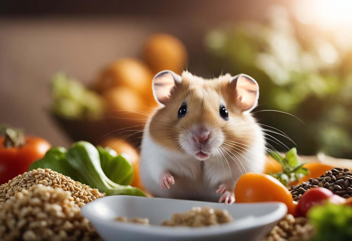 A hamster sitting in front of a bowl of food, looking curious and cautious. The food is a mix of seeds, vegetables, and pellets