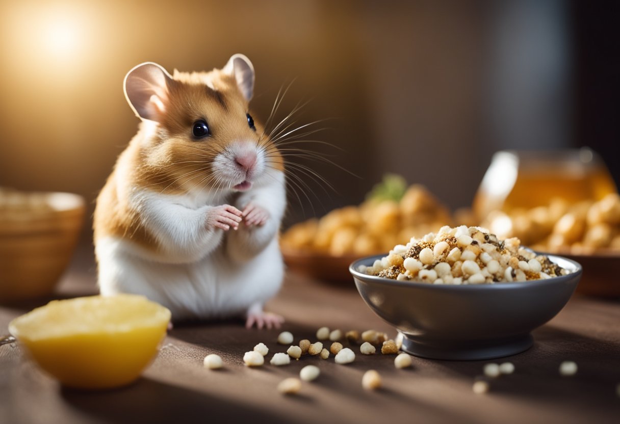 A hamster sits next to a bowl of food, looking unwell. The food is spoiled, emitting a foul odor