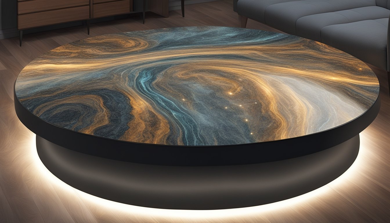 A sleek granite table top sits on display, reflecting the soft glow of overhead lights. The surface is smooth and polished, with intricate natural patterns of swirling colors