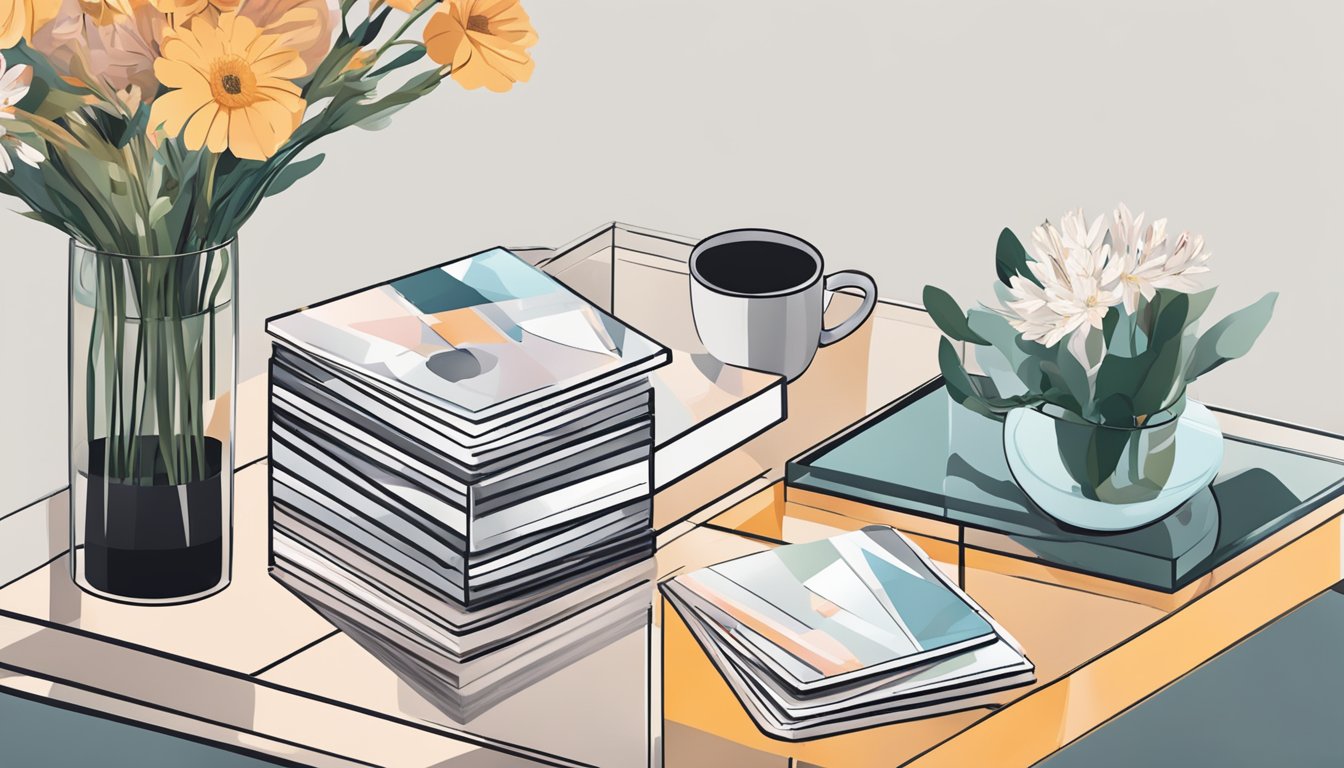 A hand reaches for a stack of coasters on a sleek glass coffee table, next to a vase of fresh flowers and a neatly arranged stack of magazines