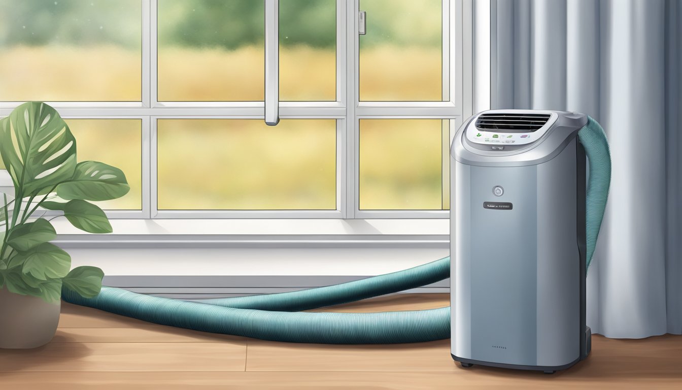 A portable aircon hose extends from the unit to a window, releasing warm air outside