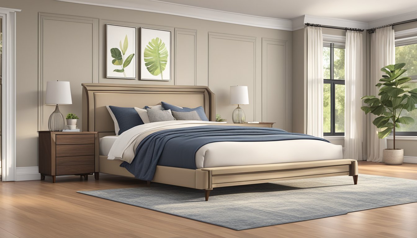 A queen size bed frame, 60 inches wide and 80 inches long, sits in a spacious room with neutral-toned walls and hardwood floors