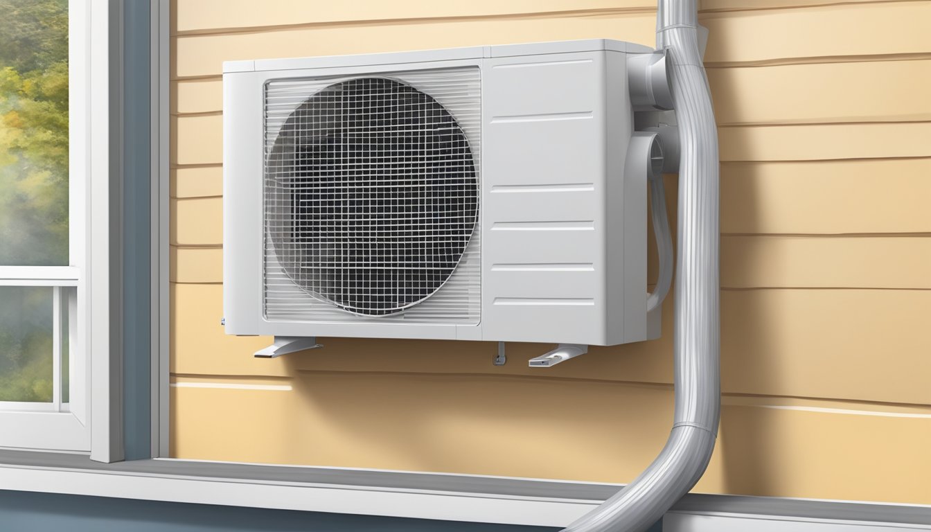 A portable aircon hose extends from a window, venting warm air outside. The hose is flexible and connected to the air conditioner unit