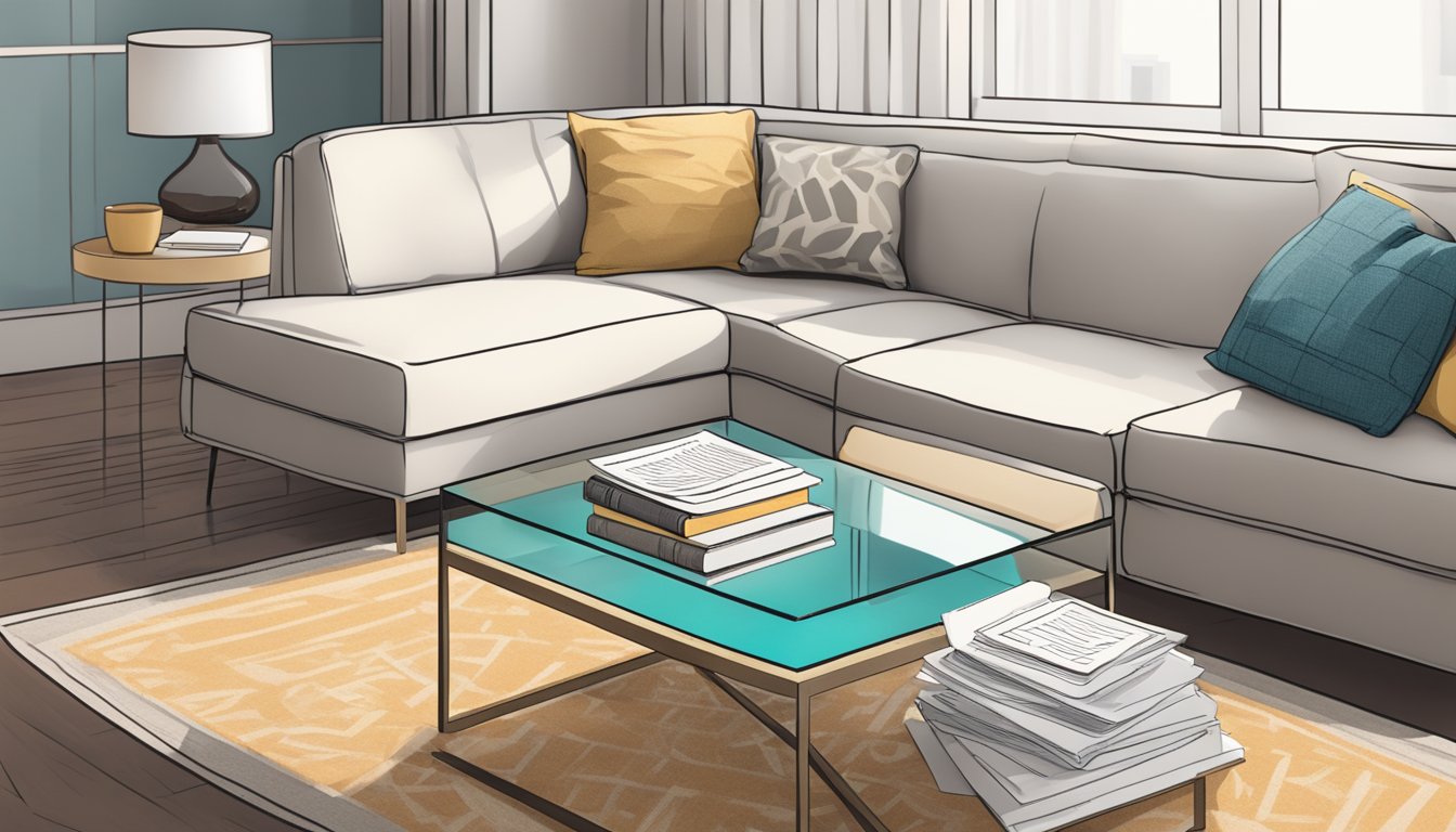 A glass coffee table in a modern living room with a stack of neatly organized Frequently Asked Questions pamphlets on top