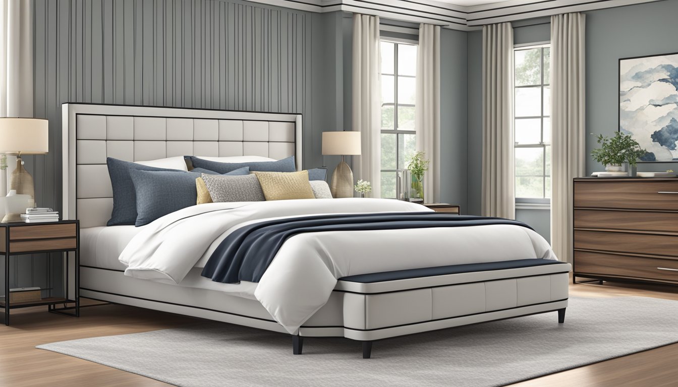 A queen size bed frame, measuring 60 inches wide and 80 inches long, sits in a spacious bedroom with a clean, modern design