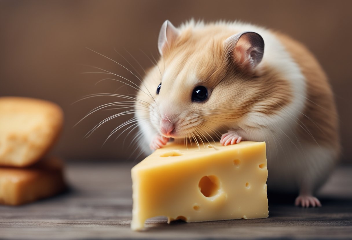 A hamster sniffs a piece of cheese cautiously