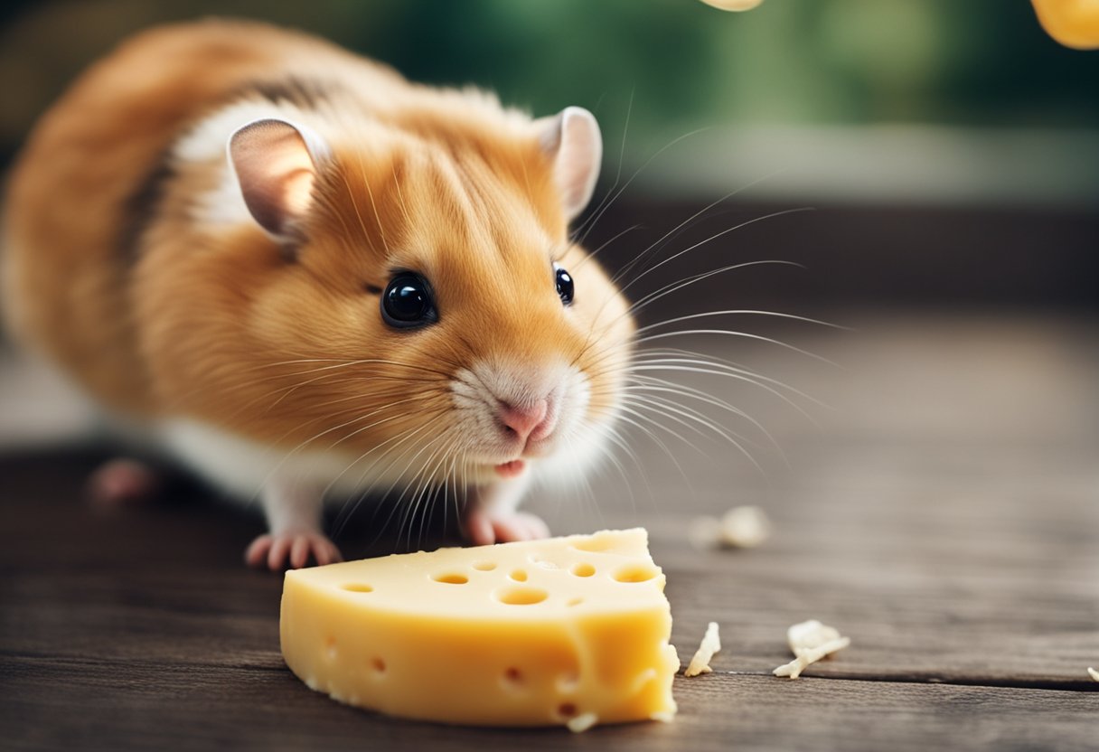 A hamster cautiously sniffs a piece of cheese, while a worried owner looks on