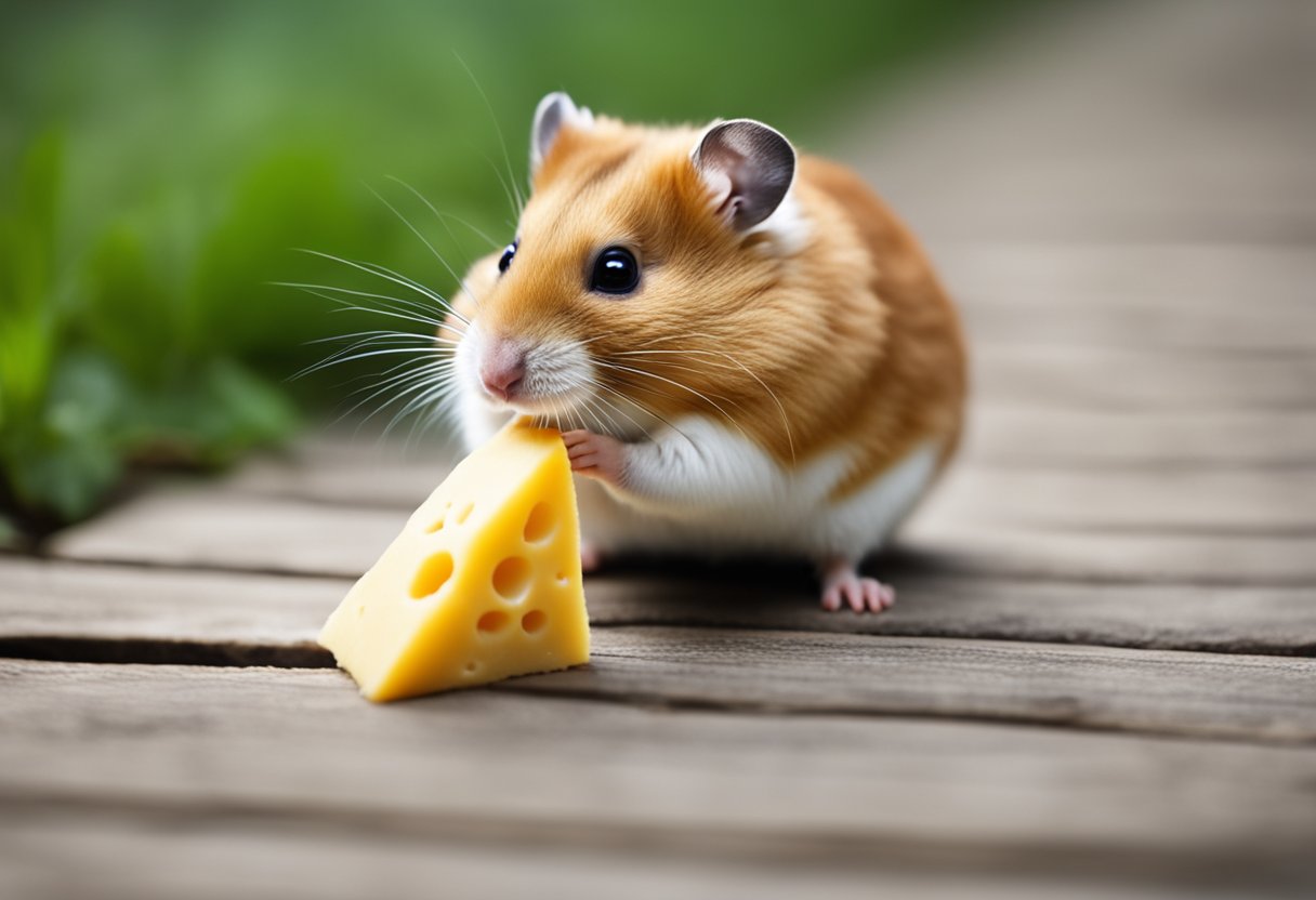 A hamster eating a small piece of cheese with a caution sign next to it