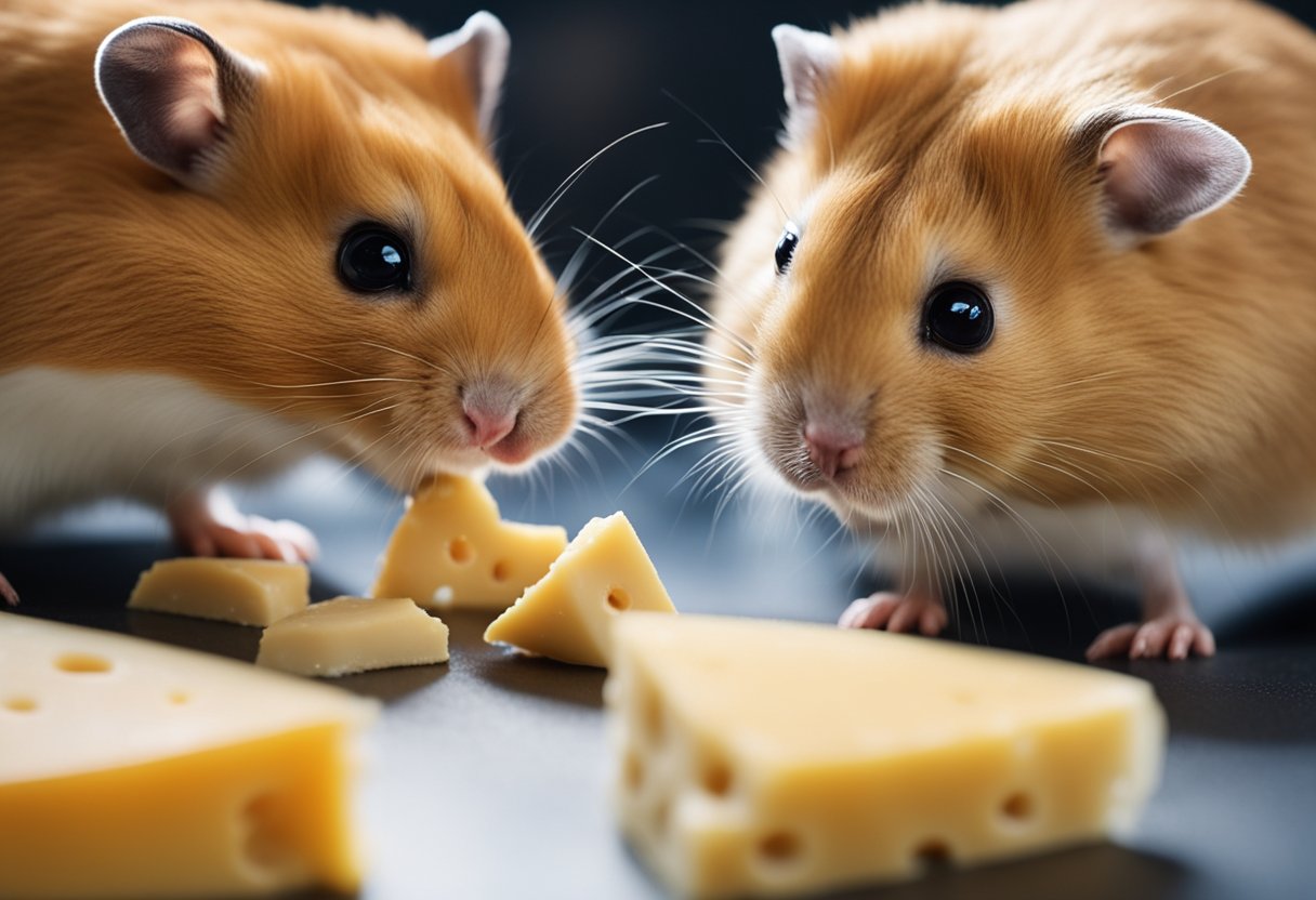 A hamster cautiously sniffs a piece of cheese, while nearby a concerned owner looks up "Is cheese poisonous to hamsters?" on a computer