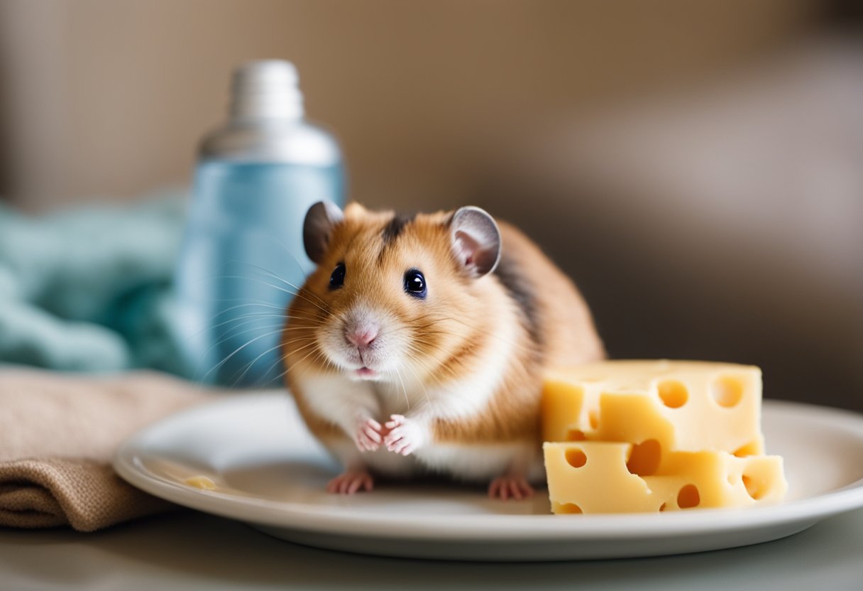 A hamster sits in front of a piece of cheese, looking hesitant to approach it. The cheese is placed on a small plate next to a water bottle and some bedding material
